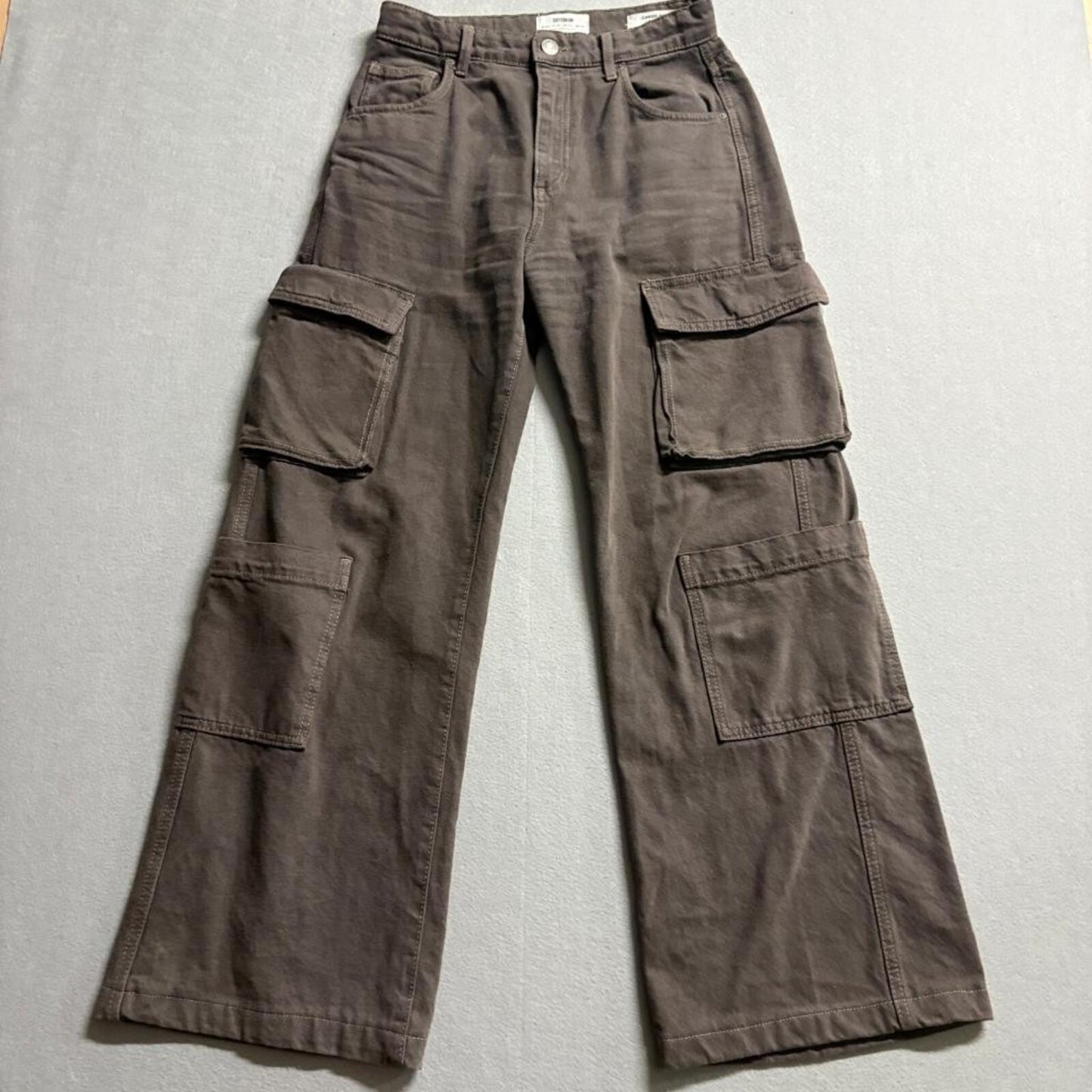 Cotton On Cargo Wide Leg Jeans Womens US 4 Brown High Rise Utility Denim Pants