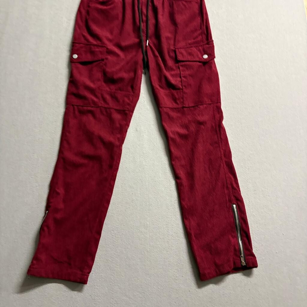 Unbranded Mens Corduroy Cargo Pants Medium Burgundy Red Zipper Ankle Drawstring