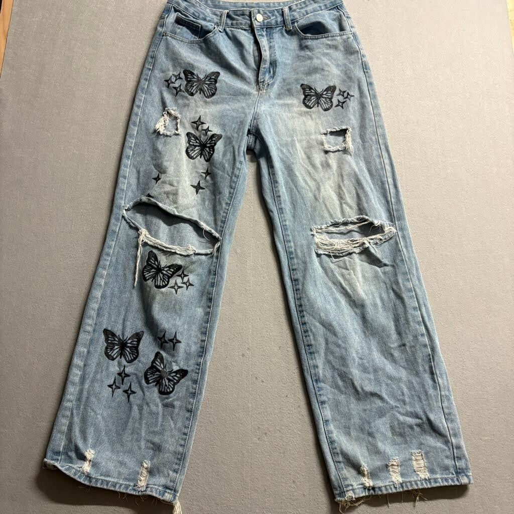 Shein Butterfly Distressed Jeans Womens Large Blue Denim Wide Leg High Rise Y2K
