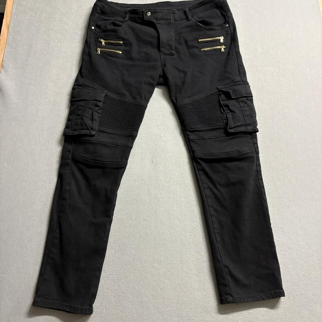 Unbranded Mens Moto Biker Cargo Jeans Black Size 36 Slim Fit Ribbed Zipper