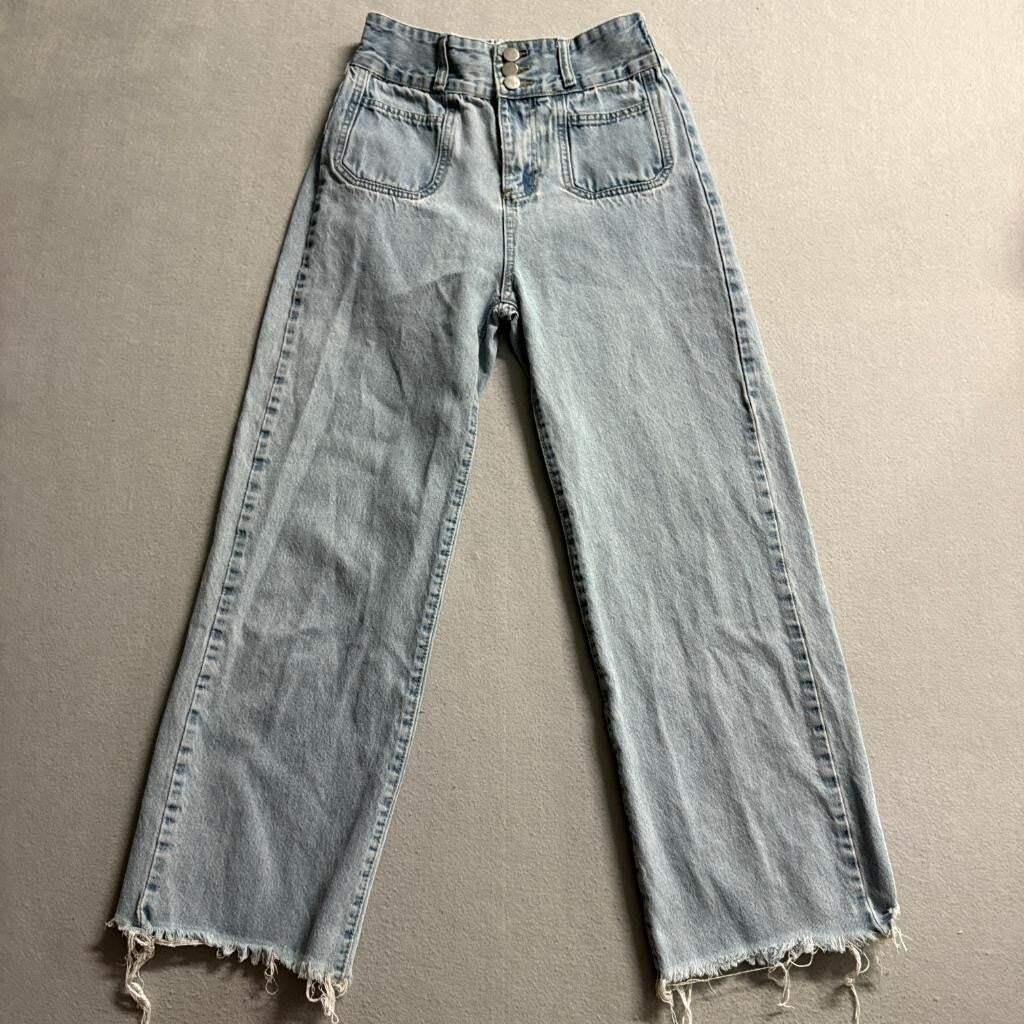 Unbranded High Waist Wide Leg Jeans Womens Size M Light Wash Raw Hem Elastic