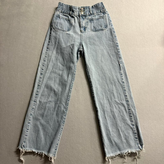 Unbranded High Waist Wide Leg Jeans Womens Size M Light Wash Raw Hem Elastic