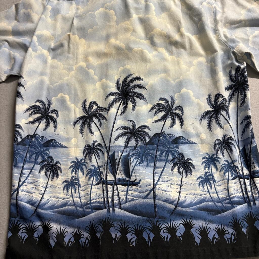 RJC Hawaiian Shirt Mens Medium Blue Clouds Palm Trees Sailboat Made in USA