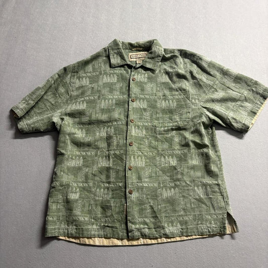 Jamaica Jaxx Mens Medium Green 100% Silk Jacquard Hawaiian Camp Shirt Surfboards