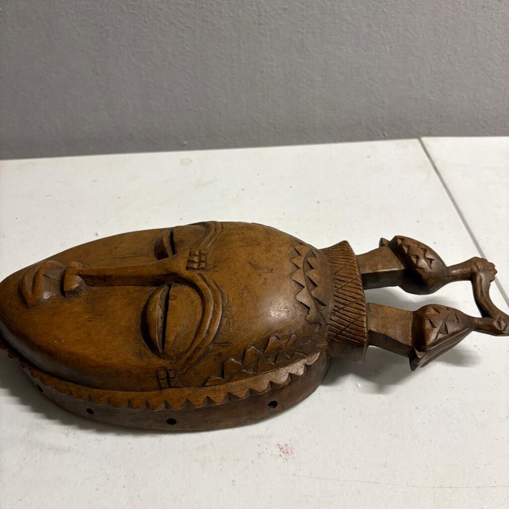 Vintage Hand Carved African Wooden Mask Baule Guro Style Birds Wall Hanging 14"
