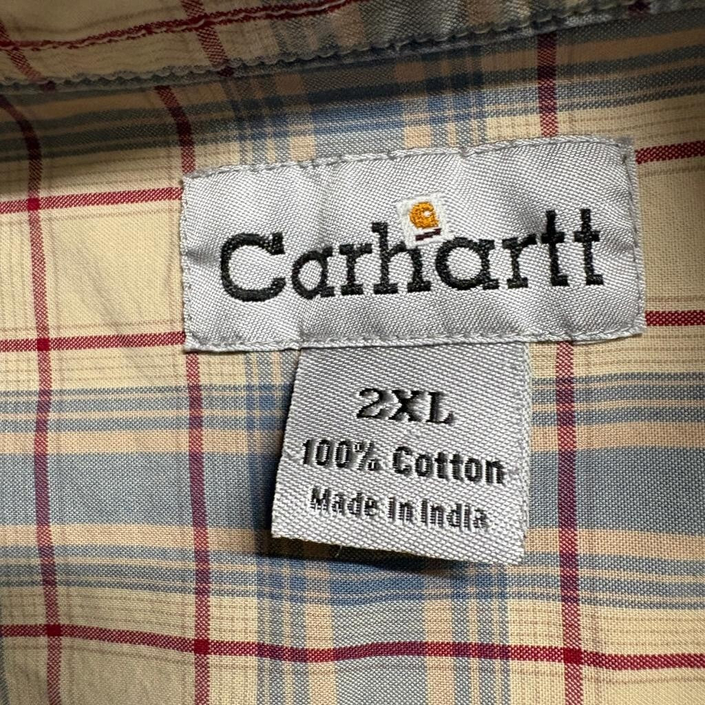 Carhartt Plaid Shirt Mens 2XL Blue Beige Red Short Sleeve Cotton Button Up