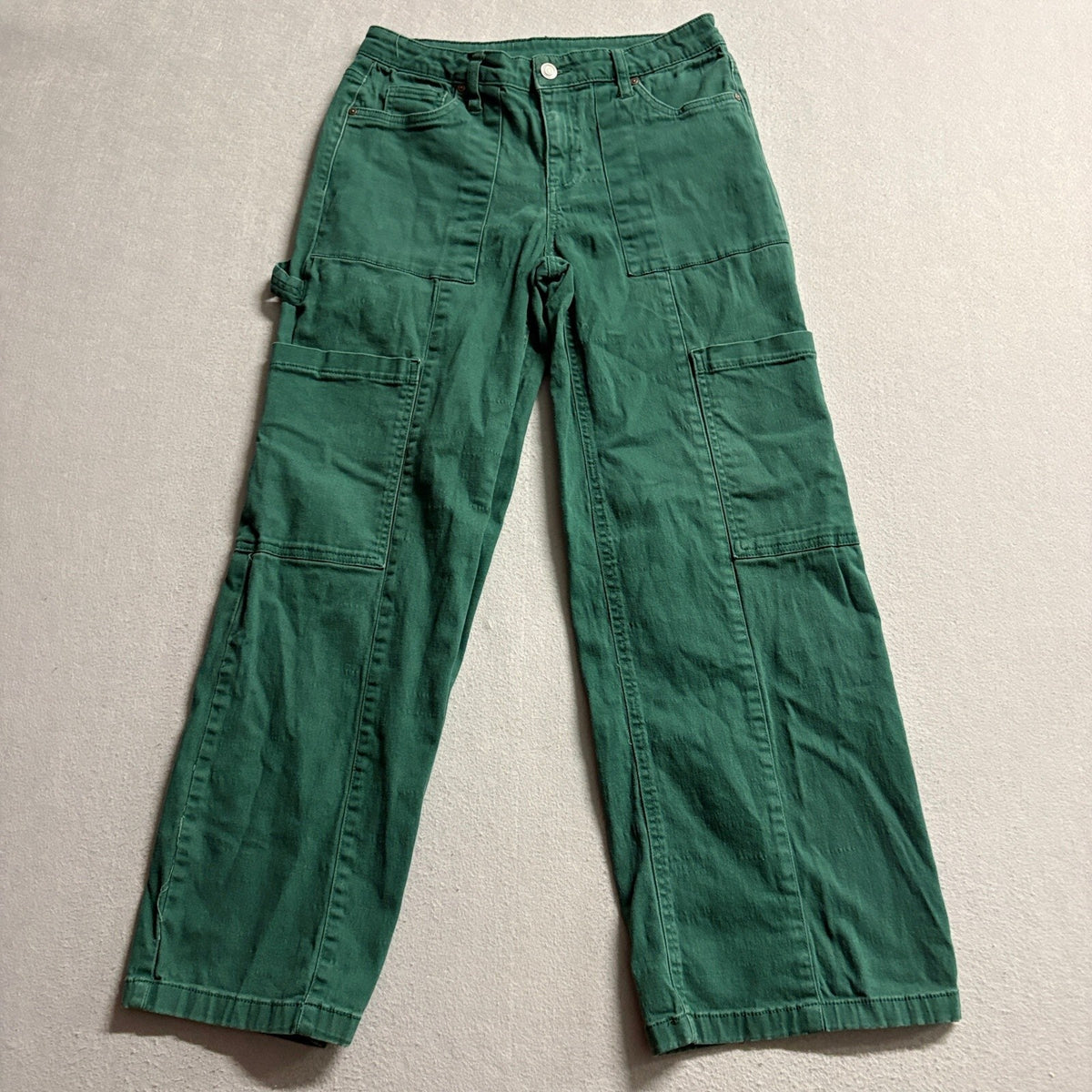 Womens Green High Waist Carpenter Utility Cargo Pants Straight Leg Size 28x26