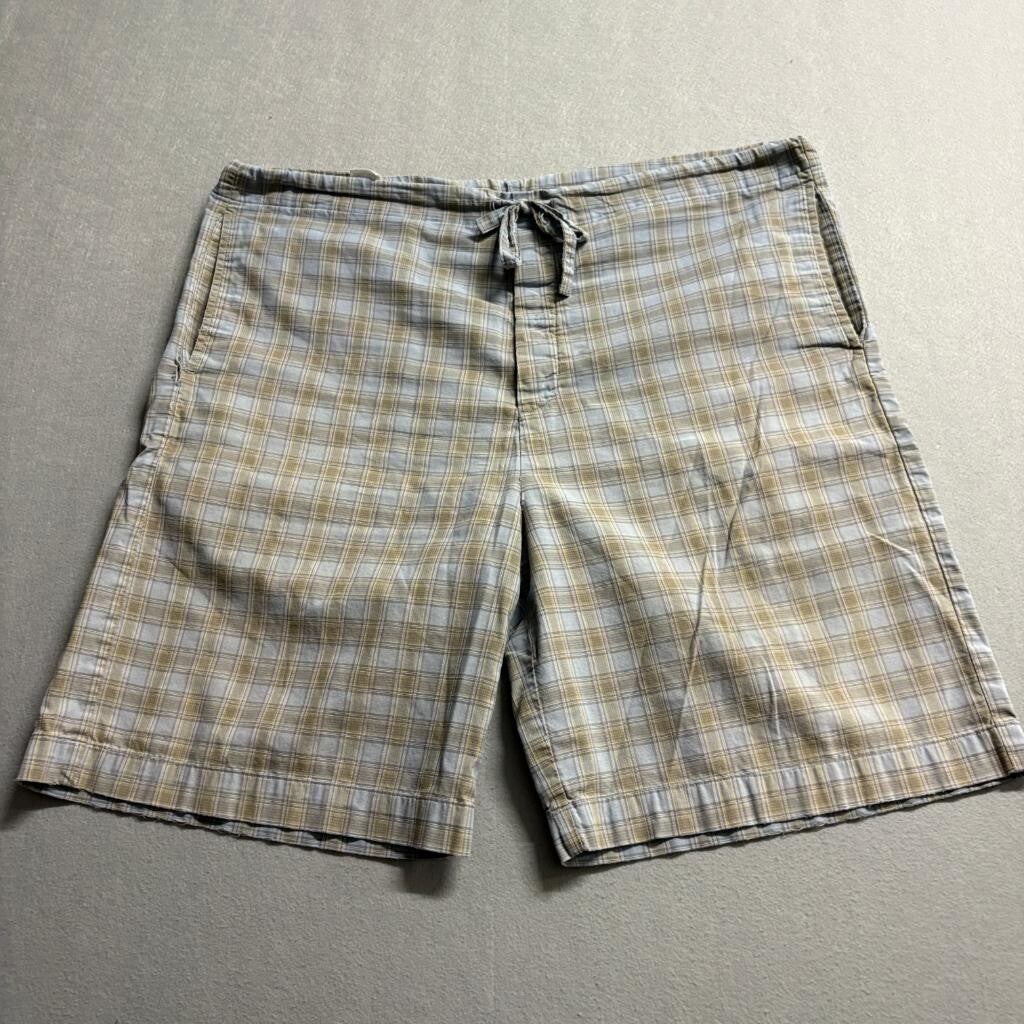 DKNY Mens Plaid Pajama Shorts Large Blue Tan Cotton Drawstring Lounge Sleepwear