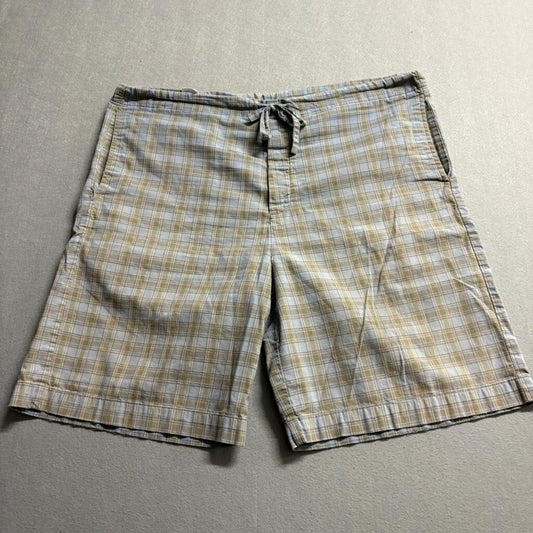 DKNY Mens Plaid Pajama Shorts Large Blue Tan Cotton Drawstring Lounge Sleepwear
