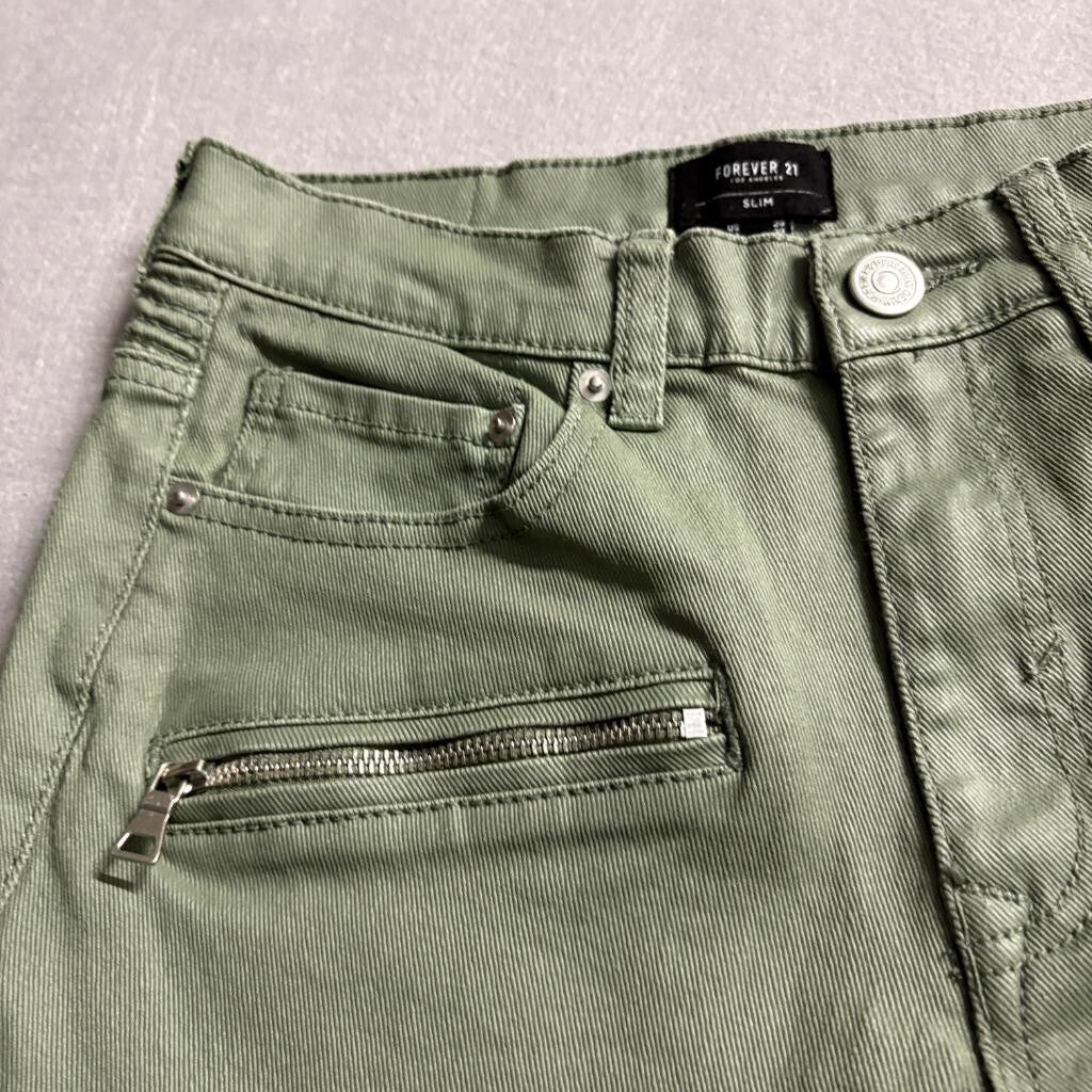 Forever 21 Slim Biker Jeans Mens 29 Olive Green Moto Ribbed Denim Pants