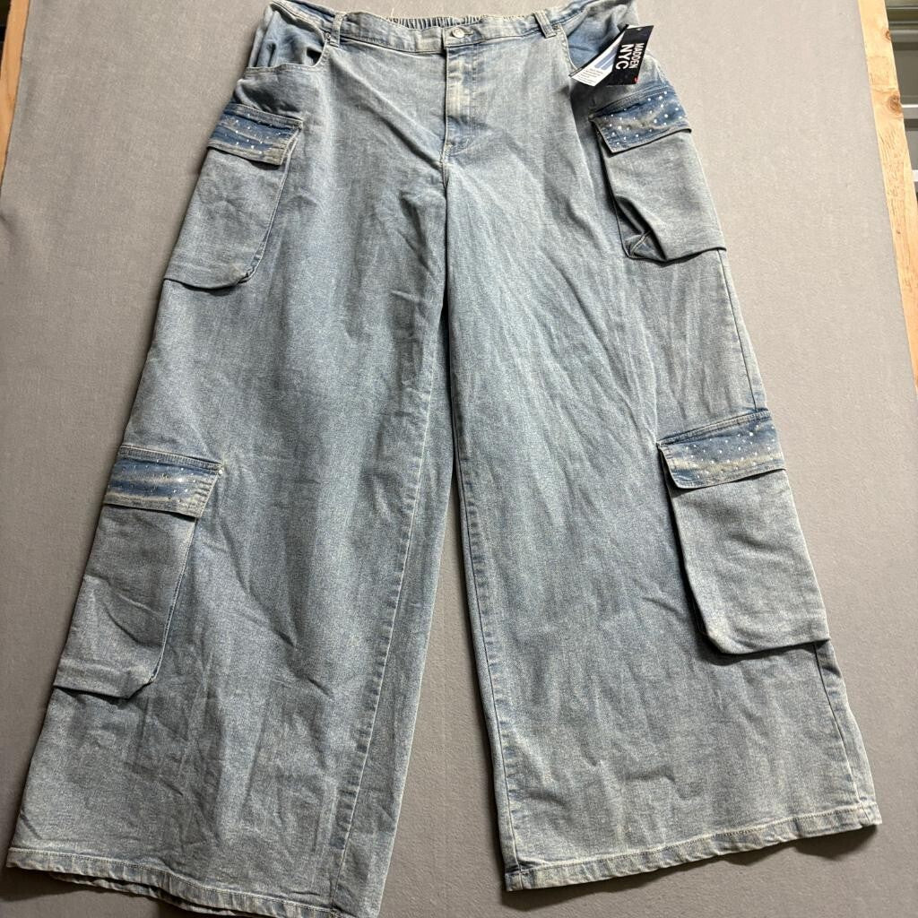 Madden NYC Cargo Jeans Womens XXL 20 Blue Denim Rhinestone High Rise Wide Leg