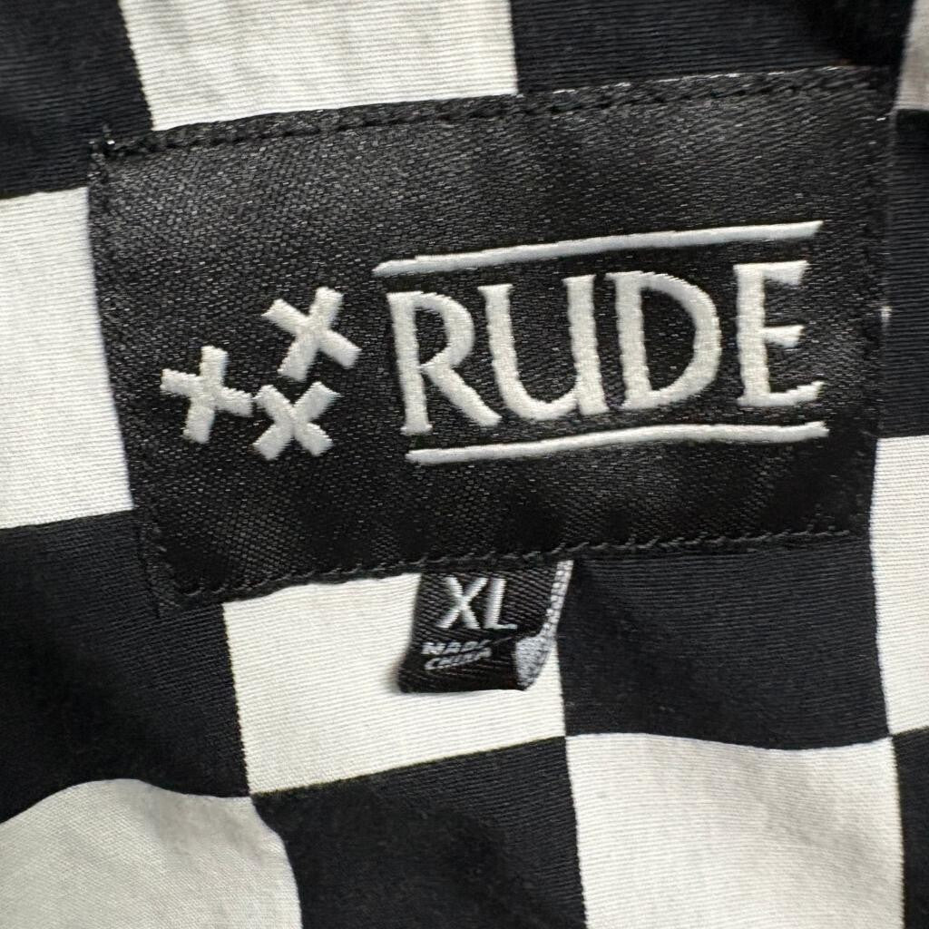 Rude Checkerboard Short Sleeve Button Up Shirt Mens XL Black White Ska Punk Emo