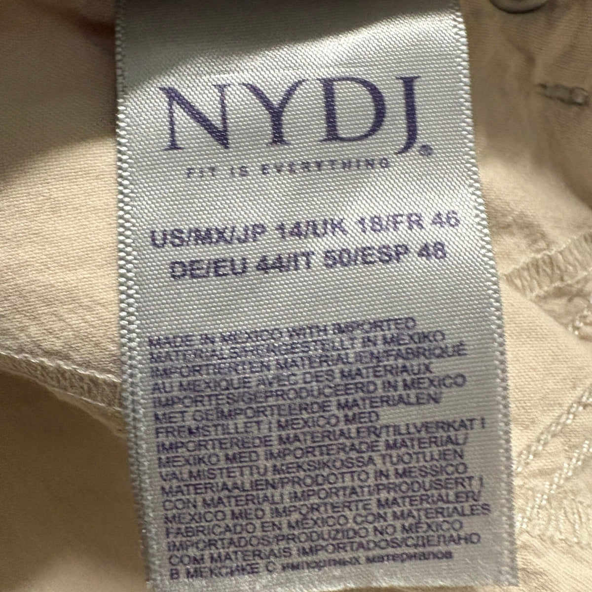 NYDJ Marilyn Straight Leg Jeans Womens Size 14 Beige Khaki Lift Tuck Denim