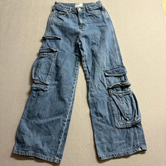 Primark Rita Ora Cargo Jeans Womens Size 2 Blue Denim Wide Leg High Rise 100%