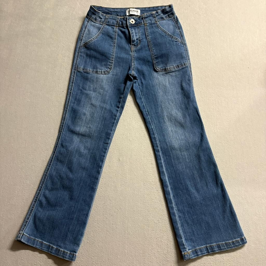Sandpiper Petite Flare Jeans Womens 6P Blue Denim Stretch Patch Pocket Mid Rise