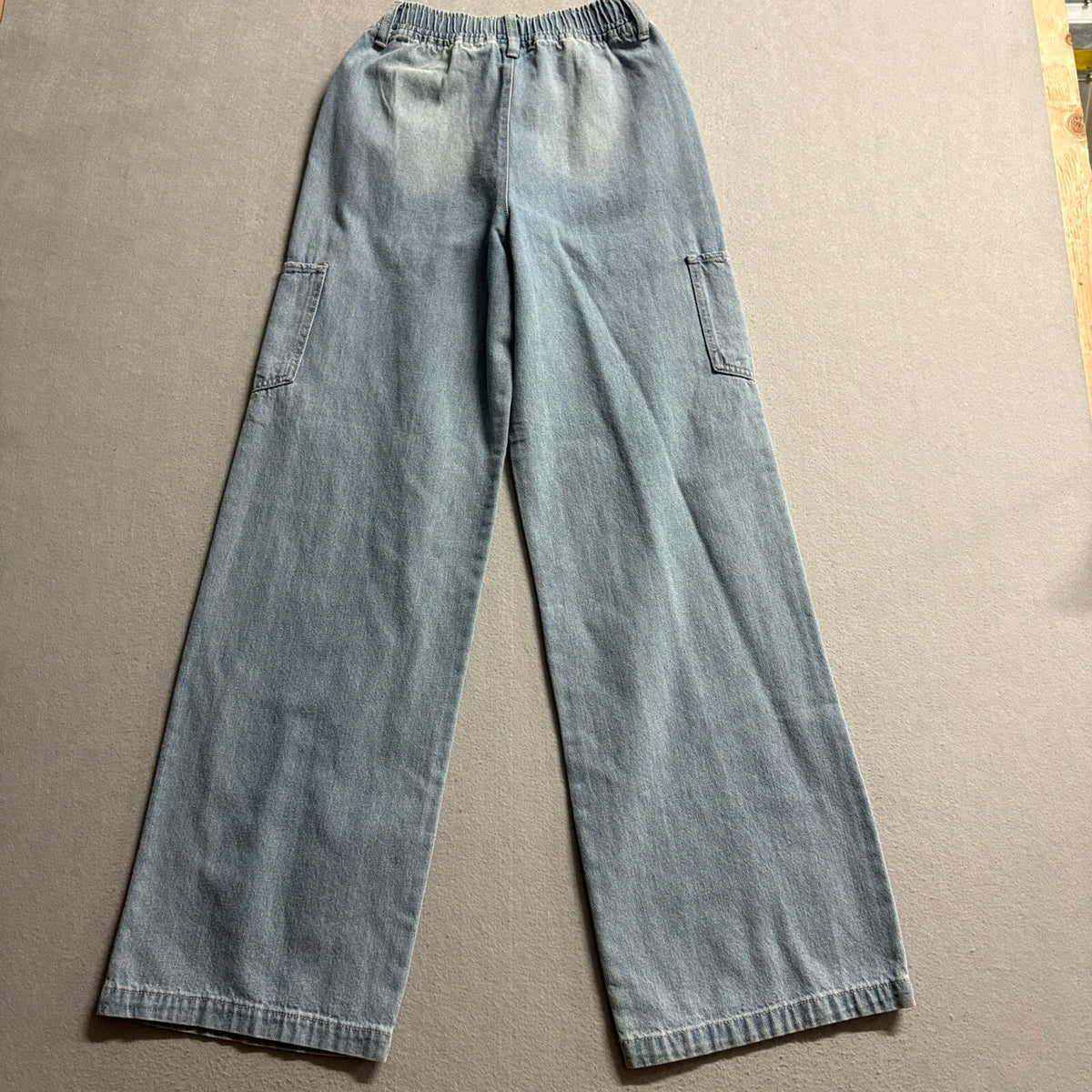 Madden NYC Cargo Jeans Womens XXS Blue Denim Elastic Waist Drawstring Wide Leg
