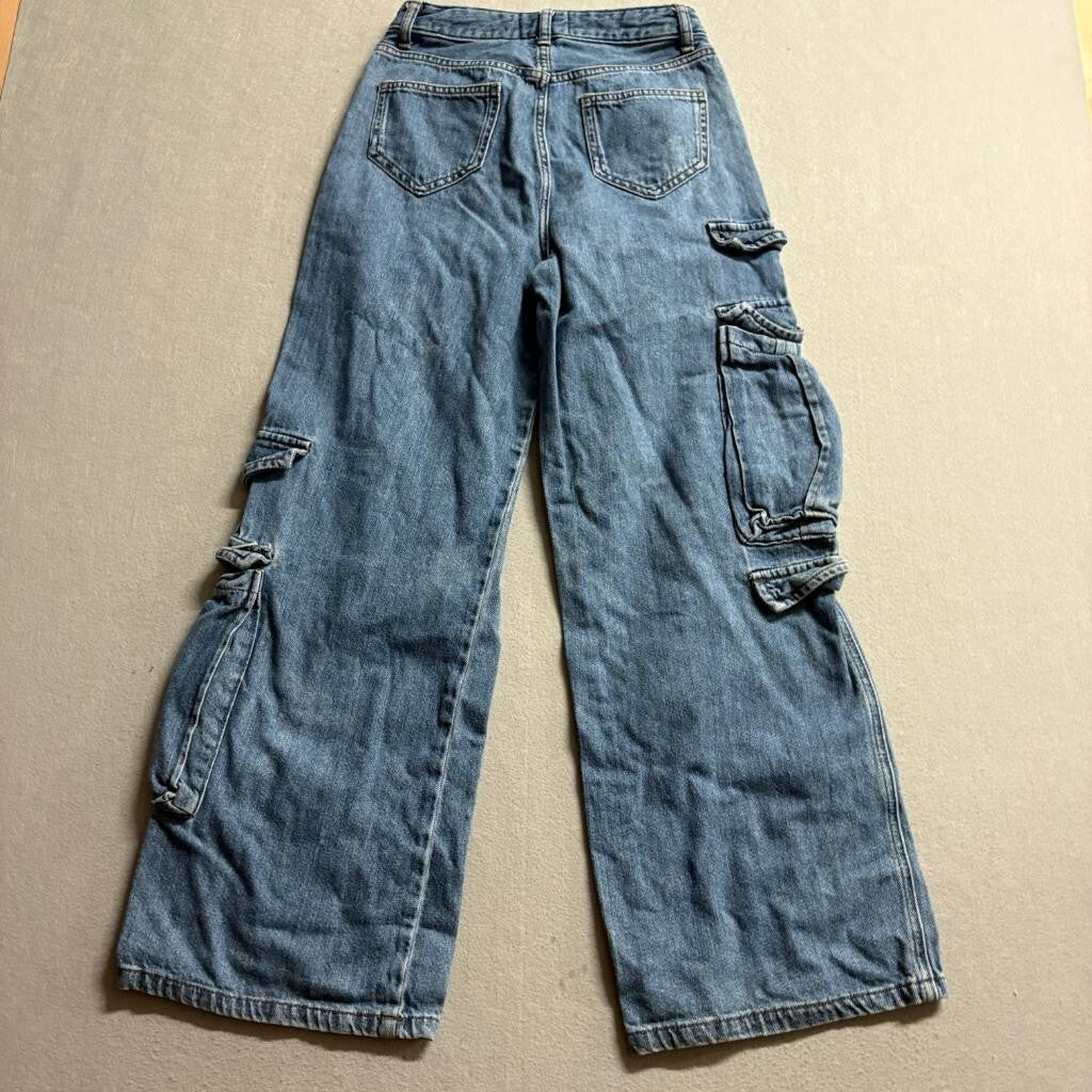 Primark Rita Ora Cargo Jeans Womens Size 2 Blue Denim Wide Leg High Rise 100%