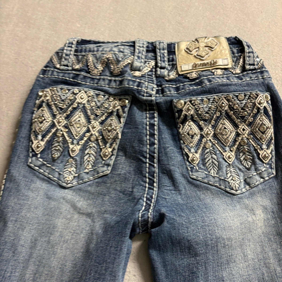 Answer Me Bootcut Jeans Womens 3/30 Blue Denim Thick Stitch Rhinestone Cross Y2K