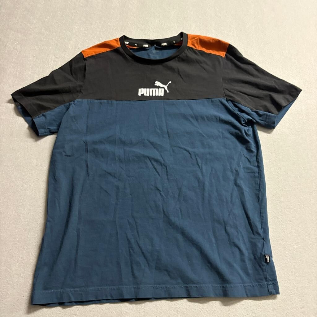 Puma T-Shirt Mens Medium Blue Black Orange Colorblock Graphic Logo Tee
