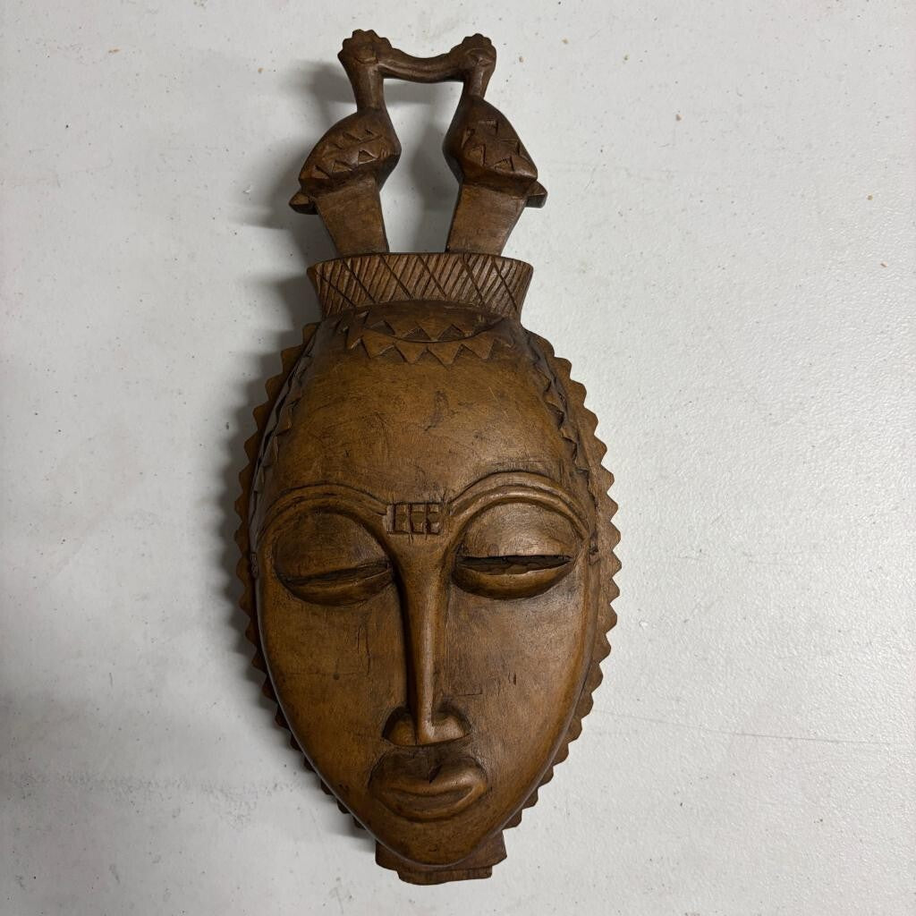 Vintage Hand Carved African Wooden Mask Baule Guro Style Birds Wall Hanging 14"