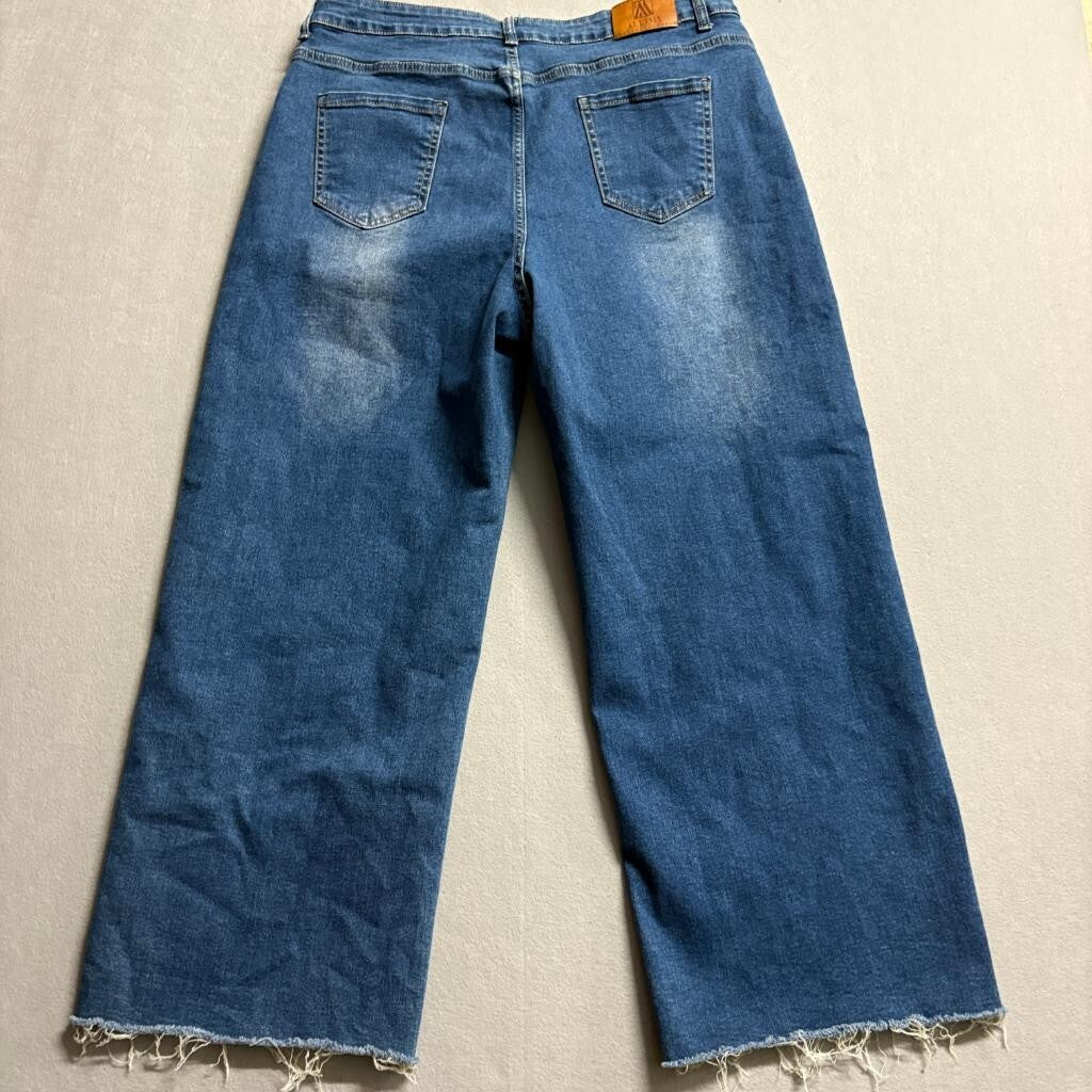 Allimy Wide Leg Crop Jeans Womens Size 16 Blue Denim Raw Hem Stretch High Rise