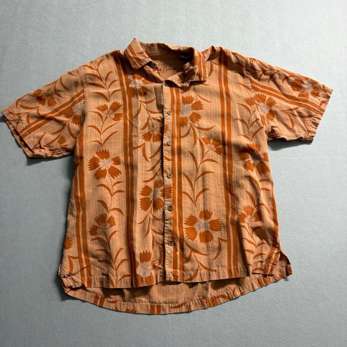 Tommy Bahama Mens XL Orange Floral Striped Tencel Short Sleeve Button Up Shirt