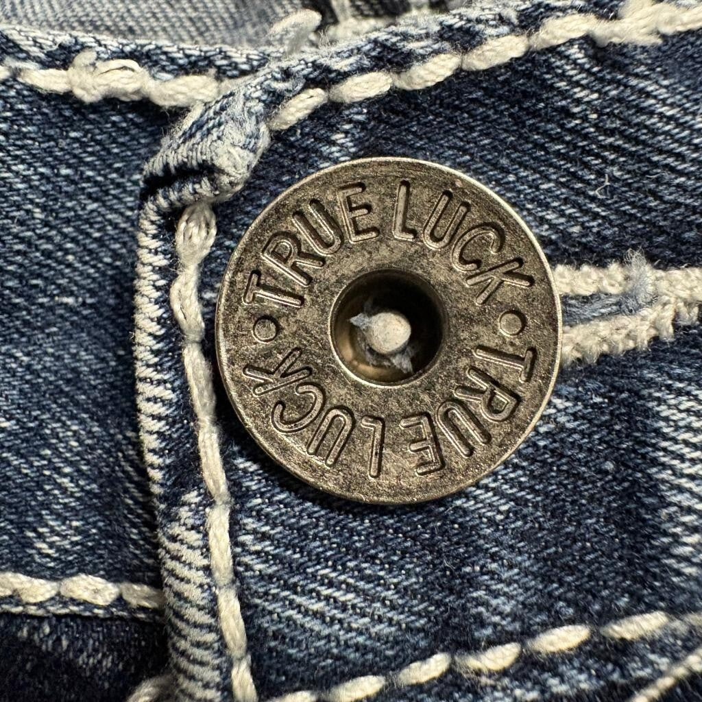 True Luck Jeans Mens 30x30 Blue Denim Thick Stitch Straight Leg Frayed Hem