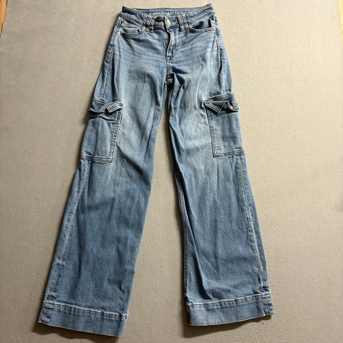 American Eagle Cargo Jeans Womens 000 Regular Blue Denim Wide Leg Stretch