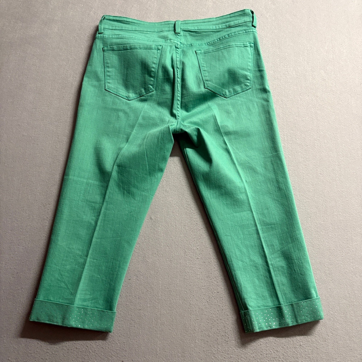 NYDJ Lift Tuck Crop Jeans Womens 14 Green Rhinestone Cuff Stretch Denim Capris