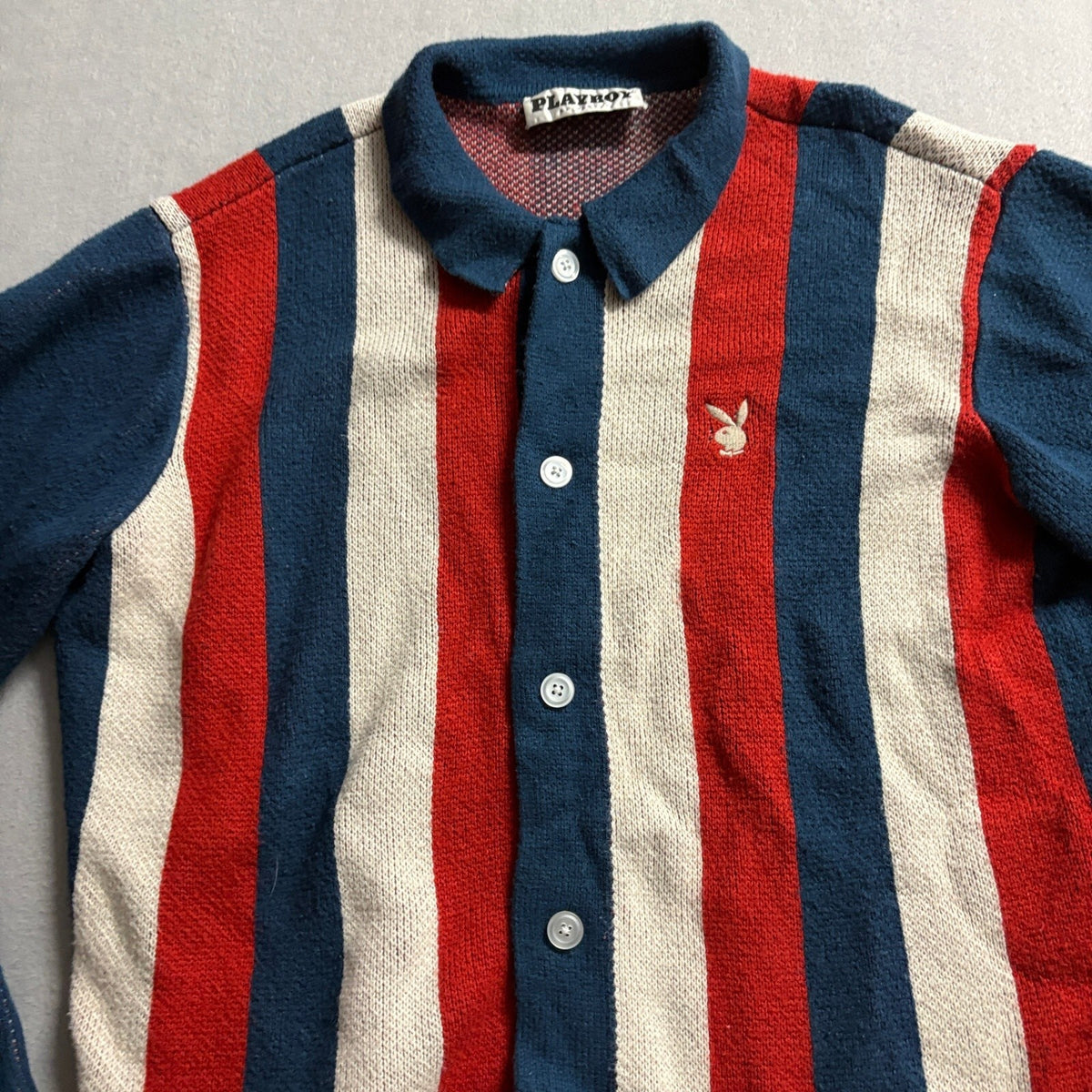 Playboy by PacSun Cardigan Sweater Womens Large Red White Blue Striped Knit