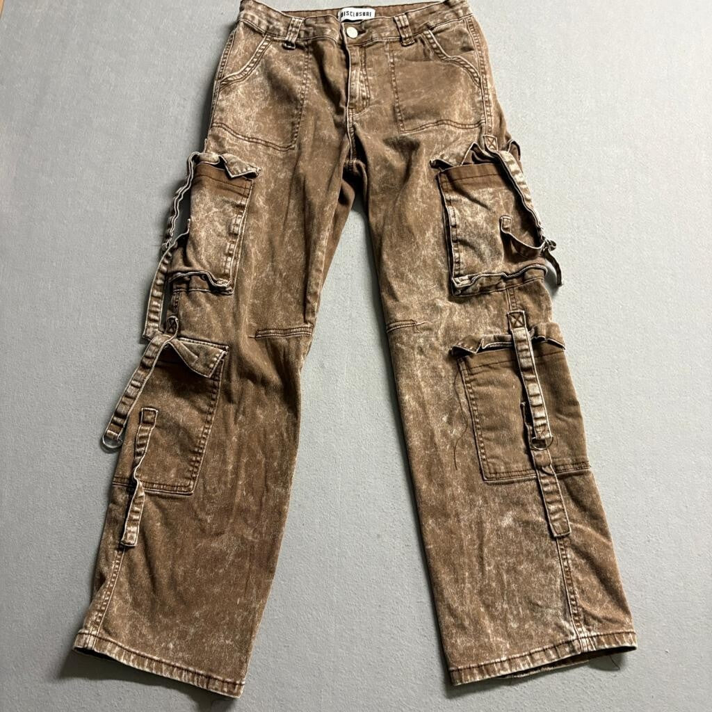 Disclosure Cargo Pants Womens 11/30 Brown Acid Wash Wide Leg Utility Pockets