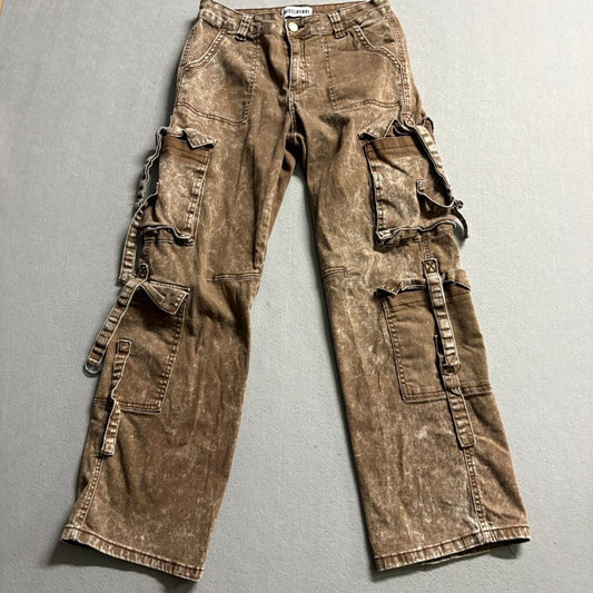 Disclosure Cargo Pants Womens 11/30 Brown Acid Wash Wide Leg Utility Pockets