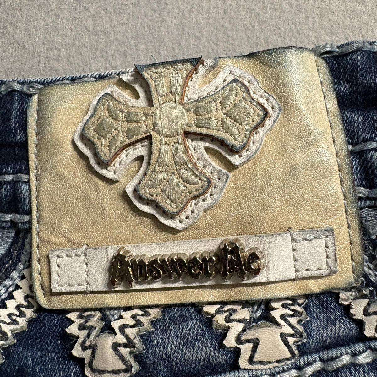 Answer Me Bootcut Jeans Womens 3/30 Blue Denim Thick Stitch Rhinestone Cross Y2K
