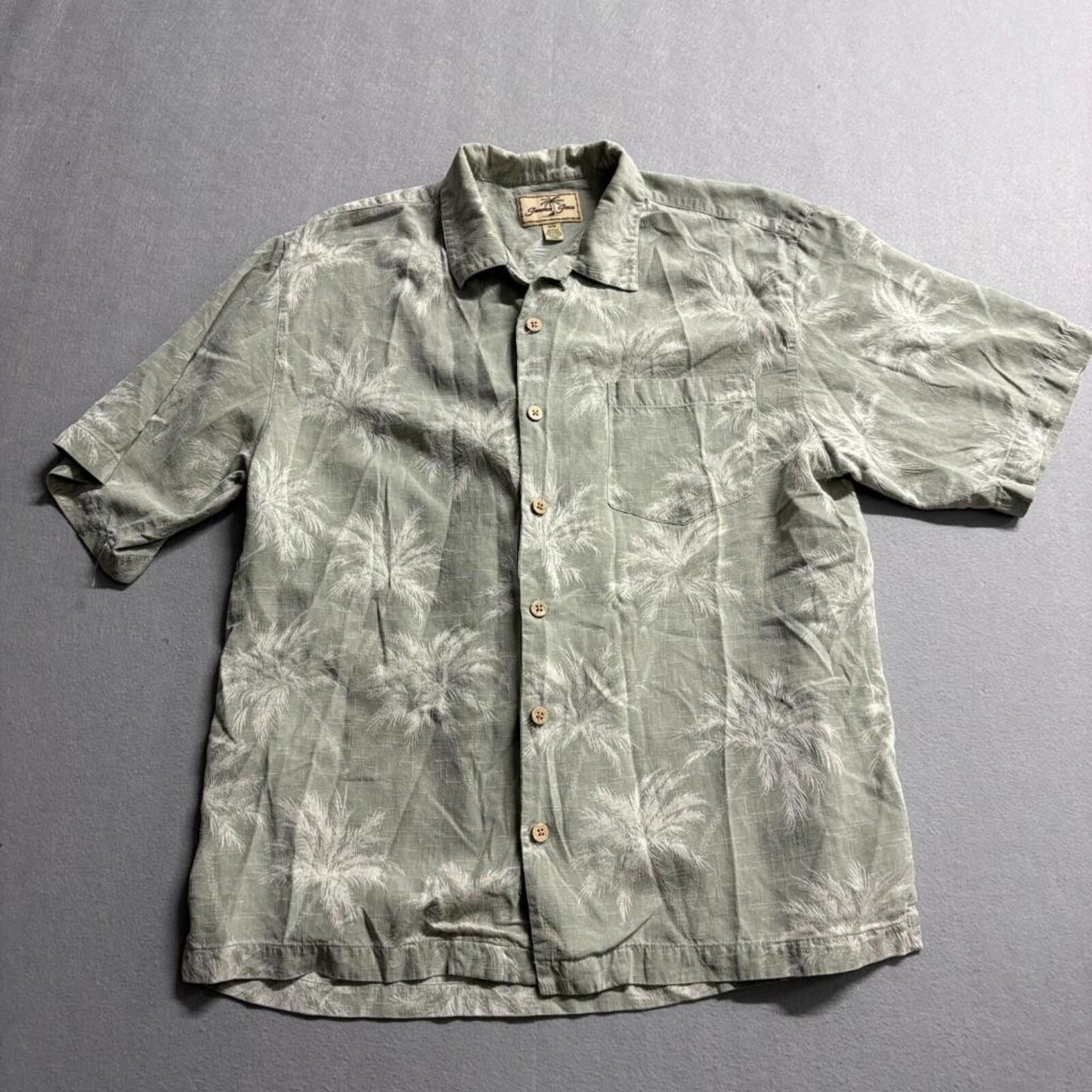 Jamaica Jaxx Silk Hawaiian Shirt Mens Medium Green Palm Tree Camp Button Up