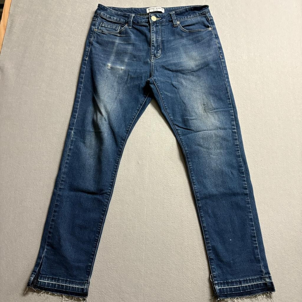 Indigo Wisdom Jeans Womens 34x30 Blue Denim Raw Hem Split Cuff Stretch Straight