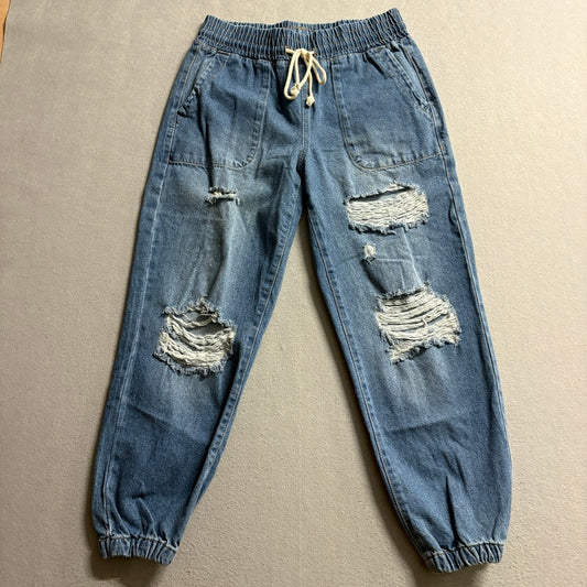 Celebrity Pink Womens Medium Distressed Denim Jogger Pants Elastic Waist Blue