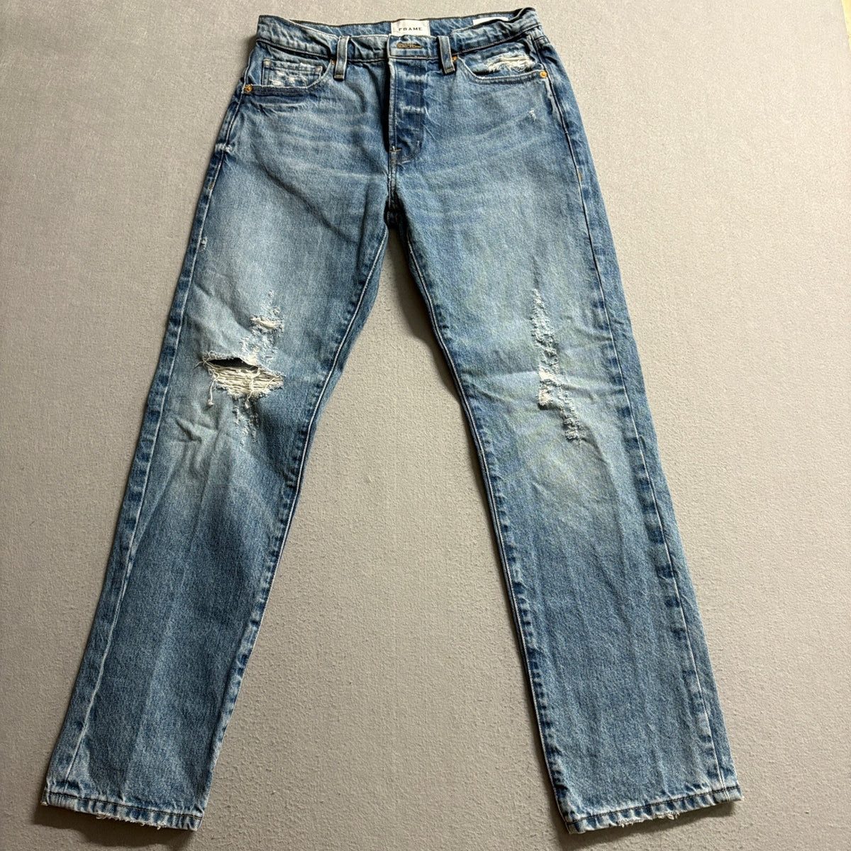 FRAME Le Slouch Denim Jeans Womens Size 24 Bluejay Rips Distressed Button Fly