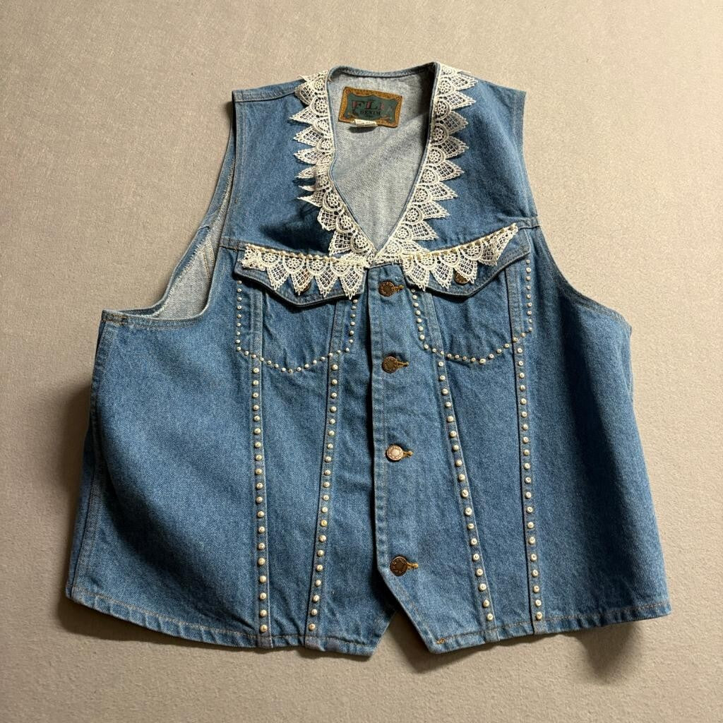 FLD Denim Vintage Womens Large Blue Jean Vest Lace Trim Faux Pearl Studded USA