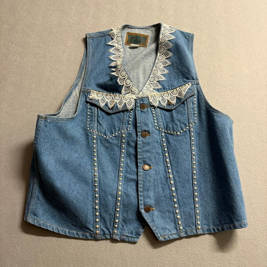 FLD Denim Vintage Womens Large Blue Jean Vest Lace Trim Faux Pearl Studded USA