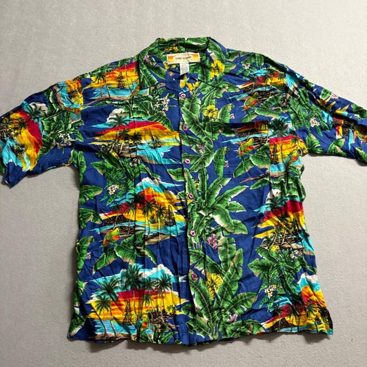 Sunset Highway Hawaiian Shirt Mens XL Blue Rayon Tropical Parrot Sunset Beach