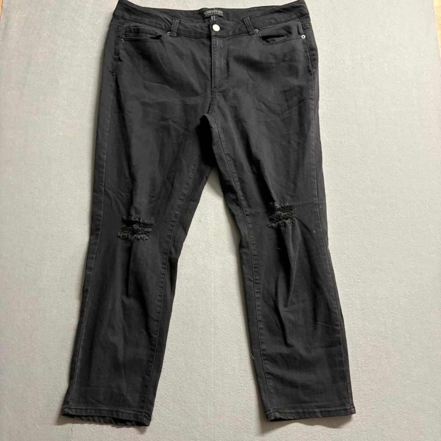 Forever 21 Plus Size 16 Black Distressed Skinny Jeans Stretch Ripped Knee