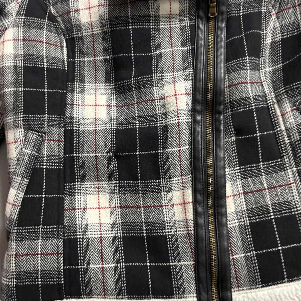 Sonoma Plaid Sherpa Lined Moto Jacket Womens Small Black White Asymmetrical Zip