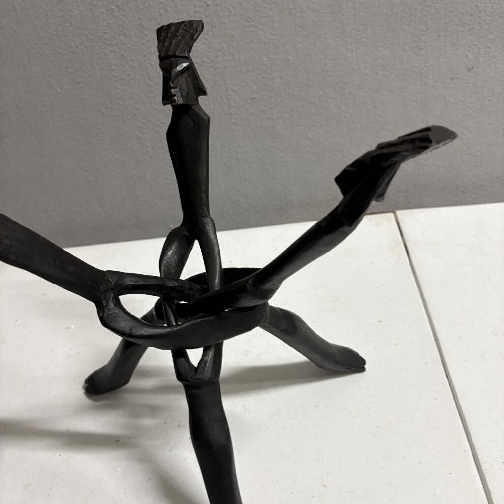 Vintage Hand Carved African Interlocking Wood Tripod Stand 3 Legged Folding 12in