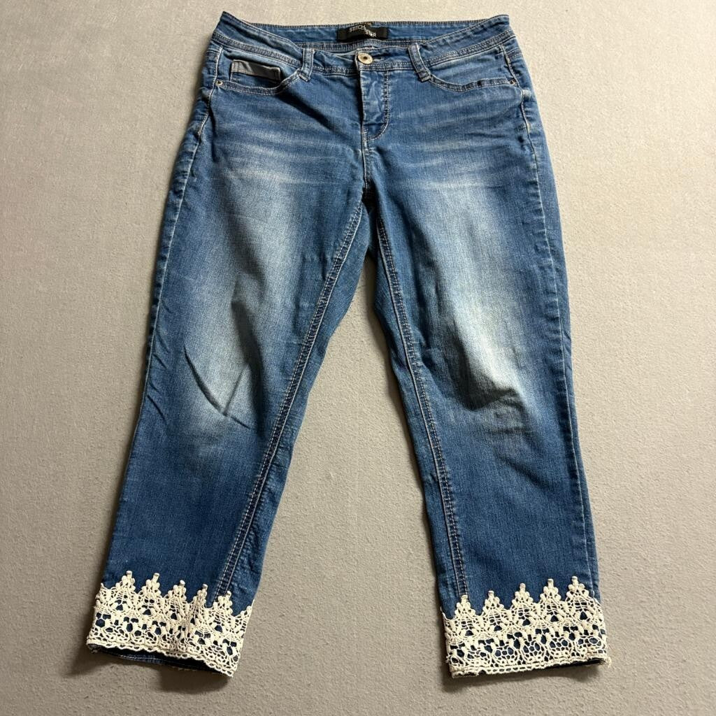 Stitch Star Crop Jeans Womens 8P Blue Denim Lace Trim Hem Stretch Capris
