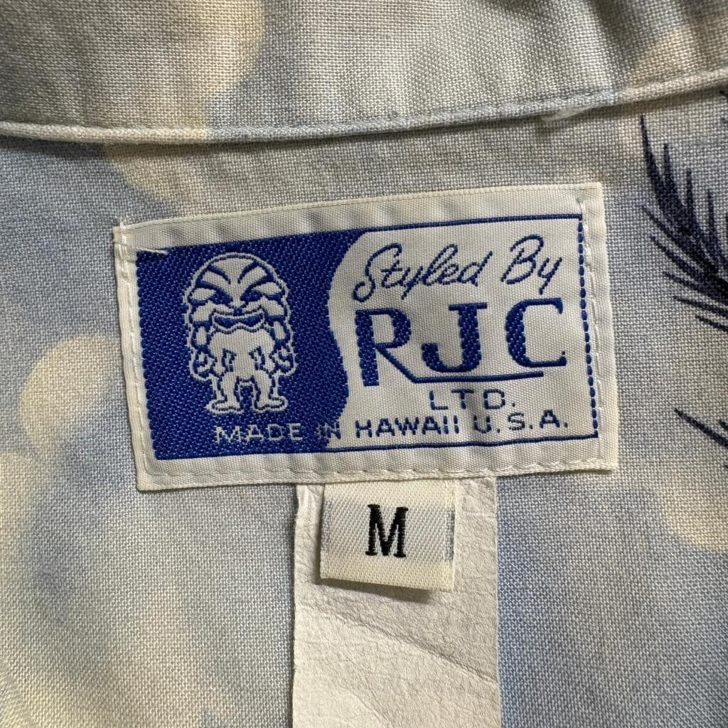 RJC Hawaiian Shirt Mens Medium Blue Clouds Palm Trees Sailboat Made in USA