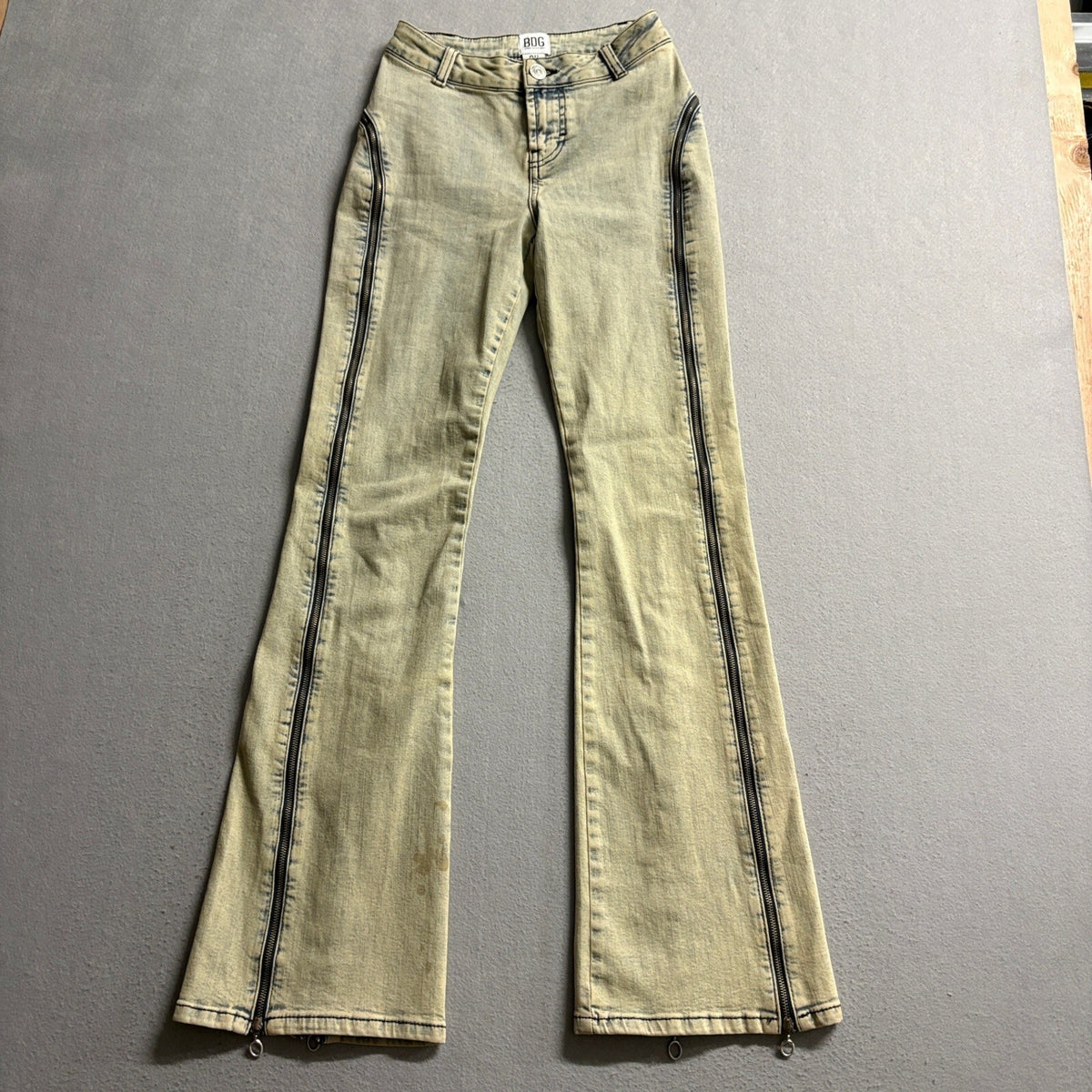 BDG Urban Outfitters Flare Jeans Womens 24 Yellow Acid Wash Zipper Accents