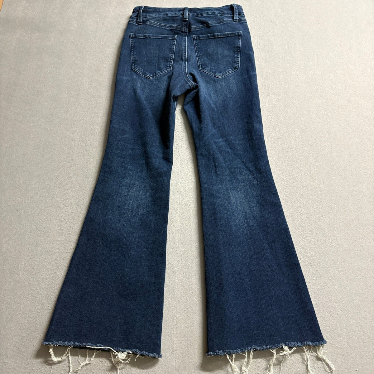 Express 70s Flare Jeans Womens Size S Short Blue High Stretch Raw Hem Mid Rise