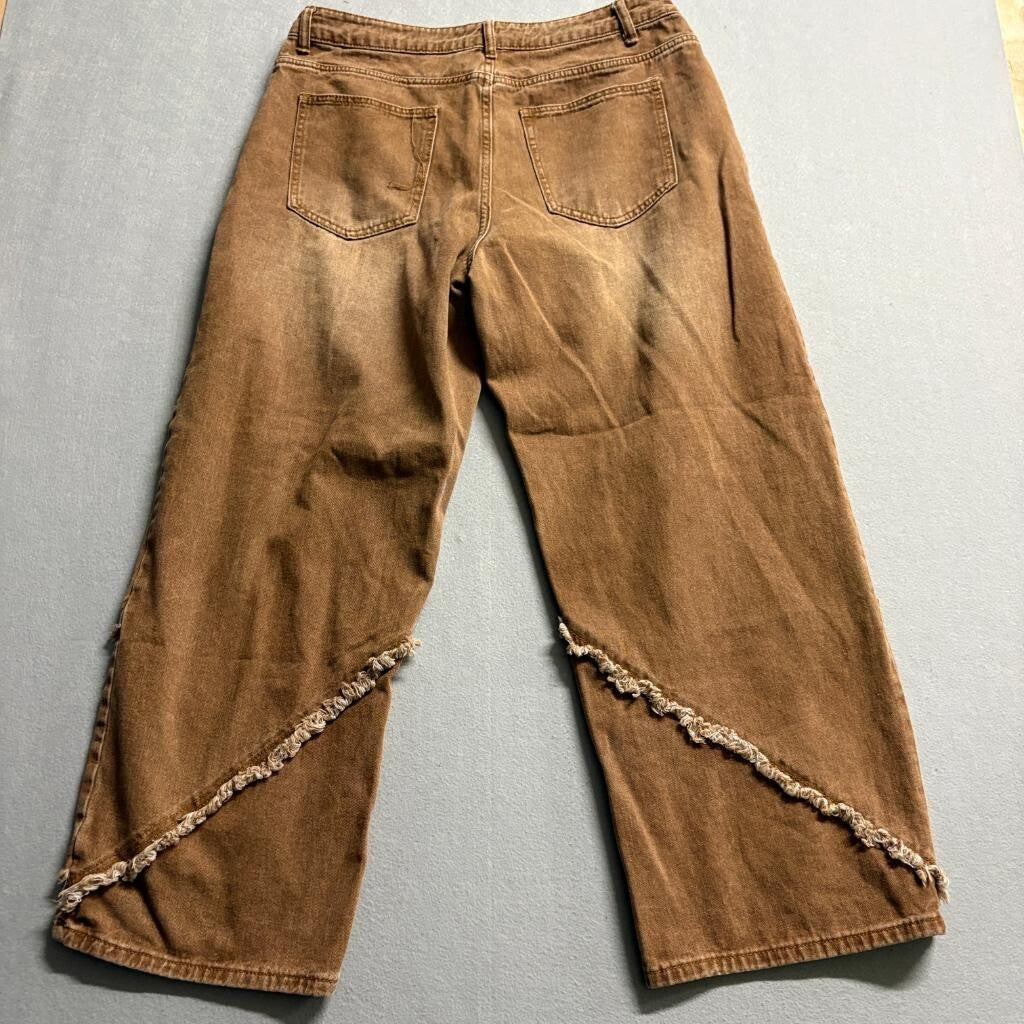 Unbranded Brown Distressed Raw Seam Wide Leg Jeans Womens Size L Y2K Grunge