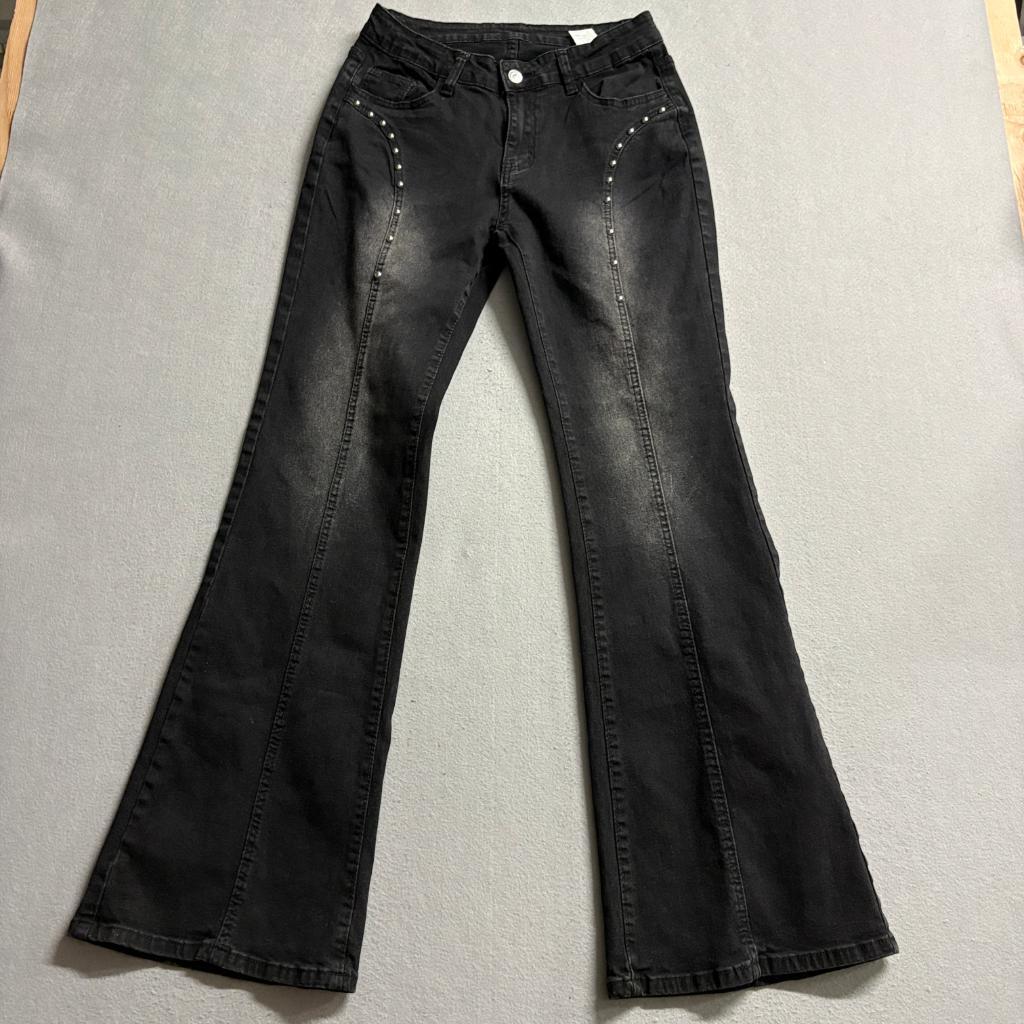 Shein Women Studded Flare Jeans Black Denim Size 30 High Rise Y2K Boho Stretch