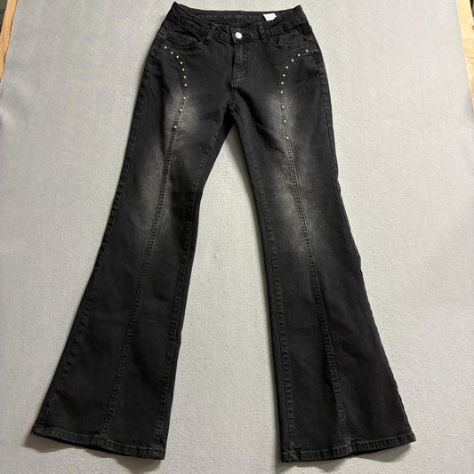 Shein Women Studded Flare Jeans Black Denim Size 30 High Rise Y2K Boho Stretch